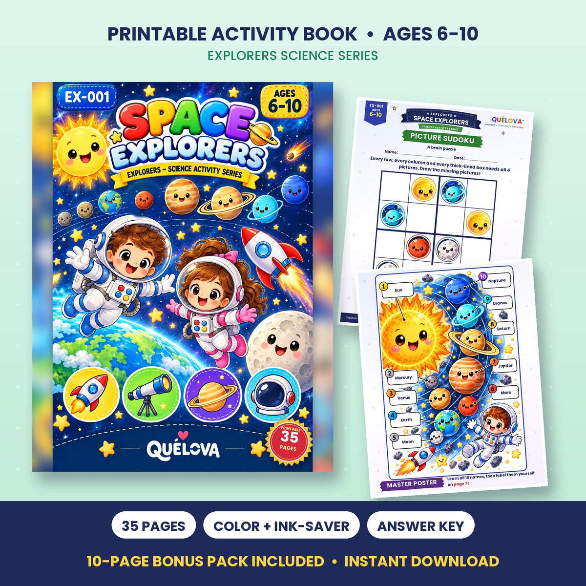 Space Explorers printable activity book: cover and sample pages