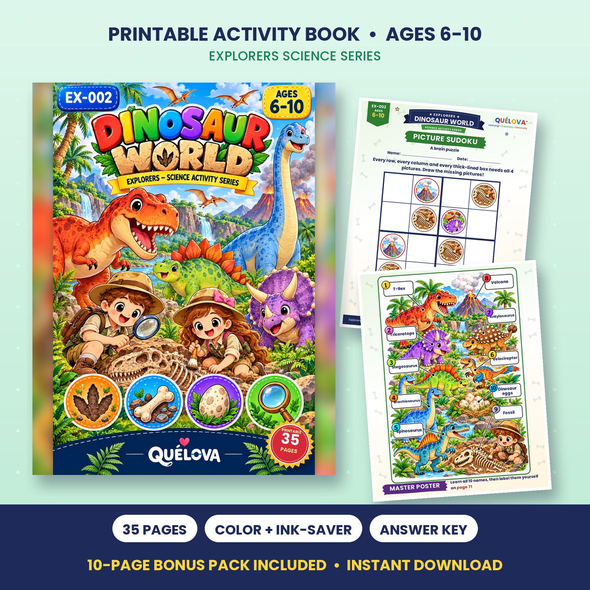 Dinosaur World | Printable Science Activity Book, Ages 6-10 – Quelova