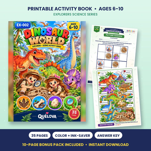 Dinosaur World printable activity book: cover and sample pages