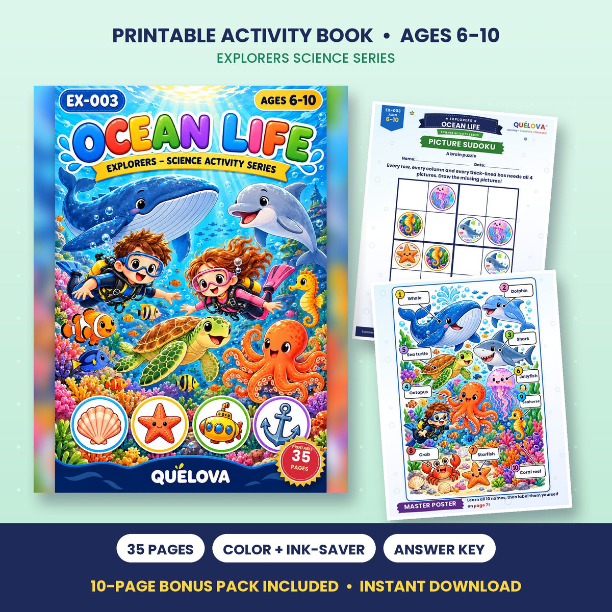 Ocean Life printable activity book: cover and sample pages