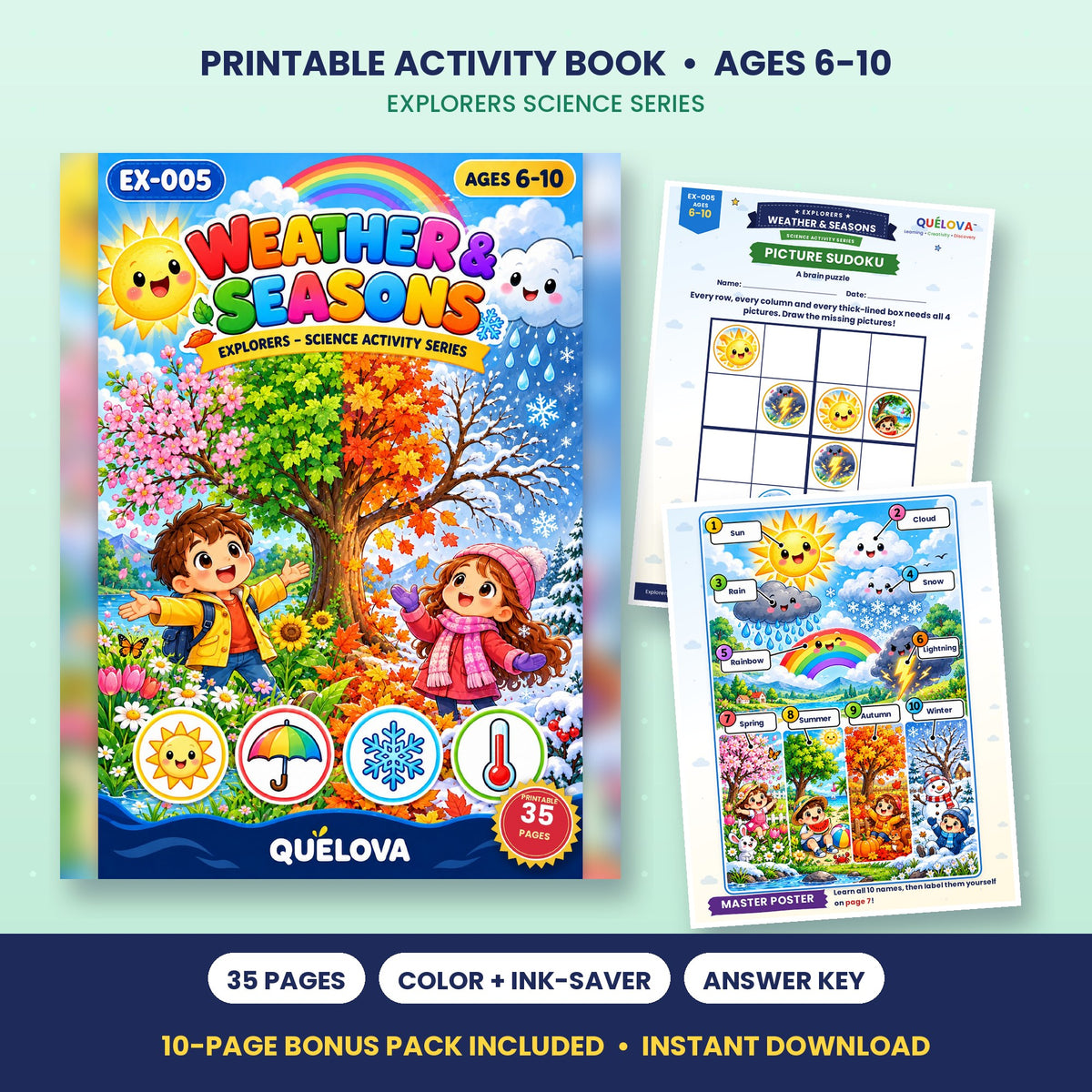 Weather & Seasons printable activity book: cover and sample pages