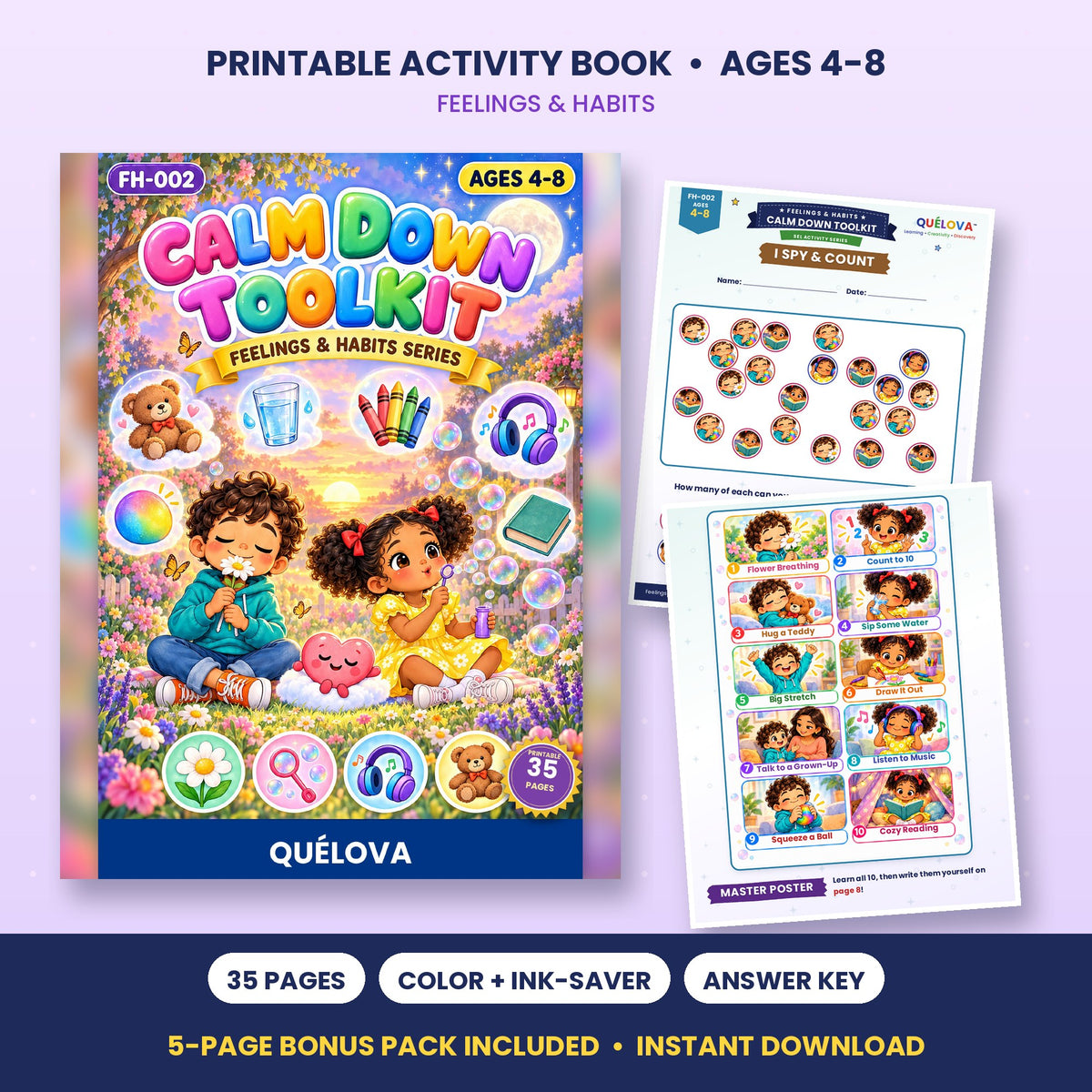 Calm-Down Toolkit printable activity book: cover and sample pages