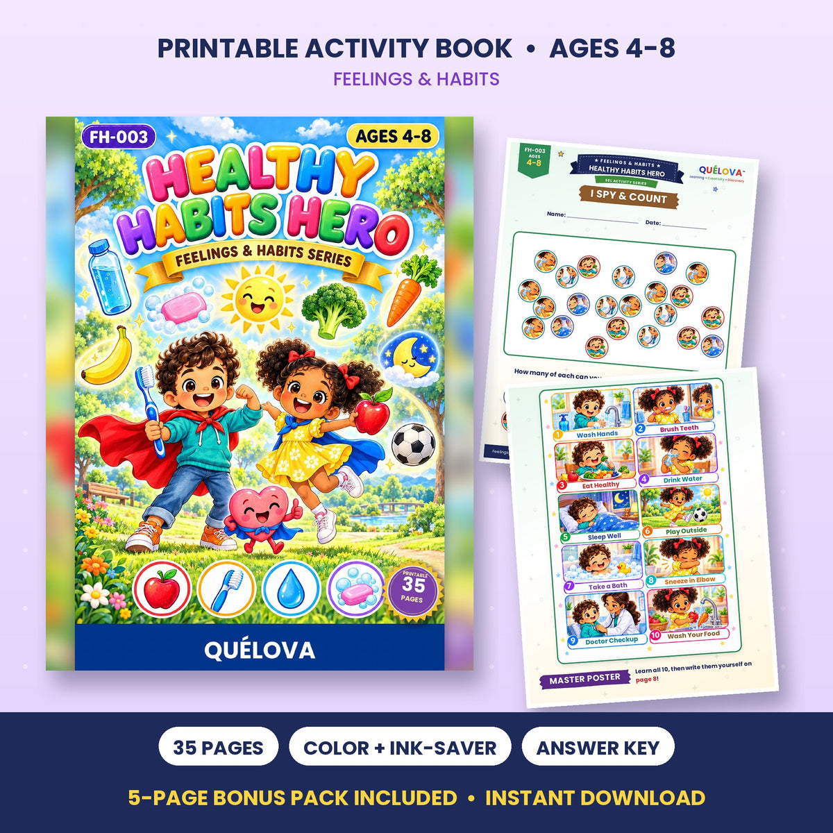 Healthy Habits Hero printable activity book: cover and sample pages