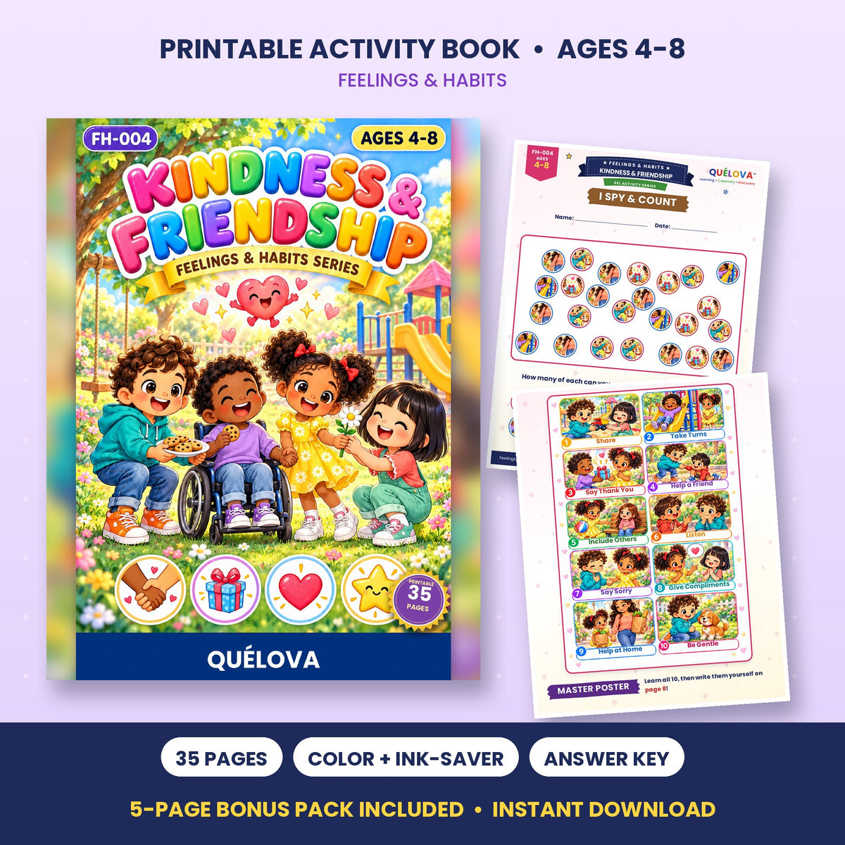 Kindness & Friendship printable activity book: cover and sample pages