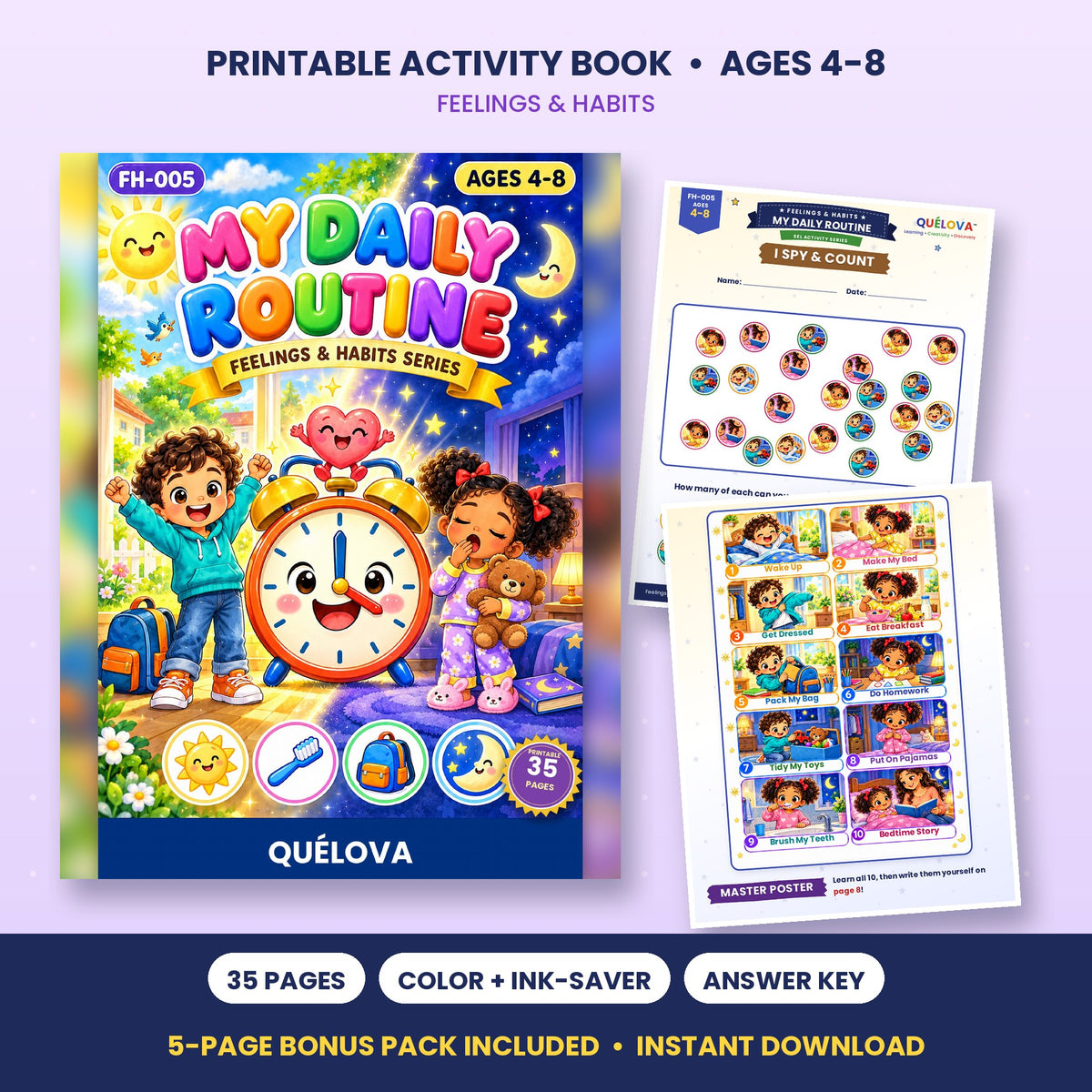 My Daily Routine printable activity book: cover and sample pages