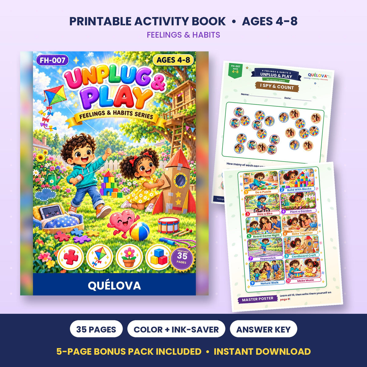 Unplug & Play printable activity book: cover and sample pages