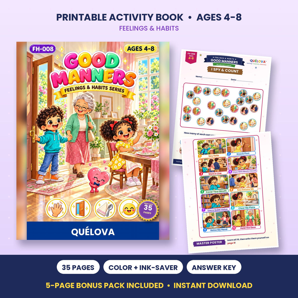 Good Manners printable activity book: cover and sample pages