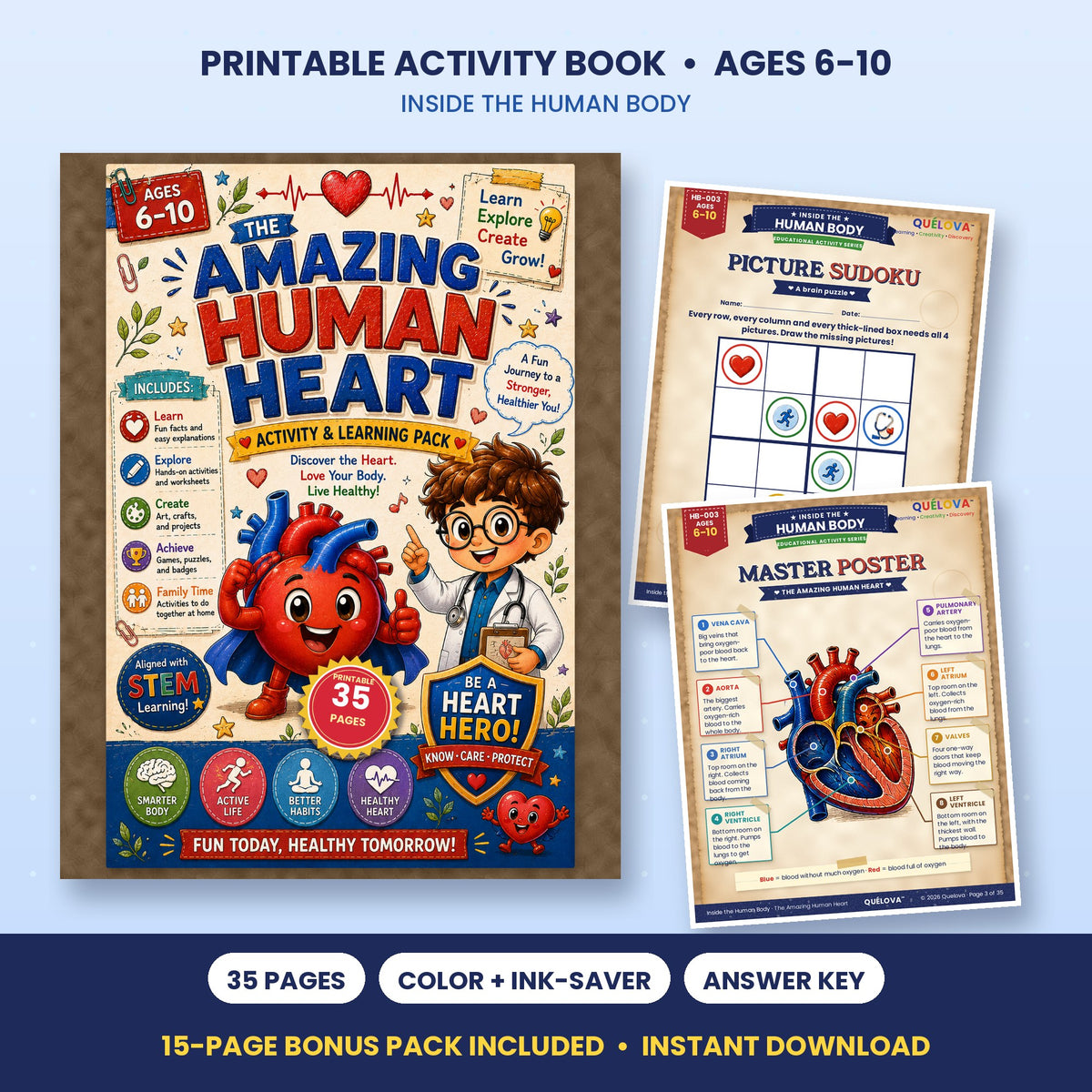 The Amazing Human Heart printable activity book: cover and sample pages