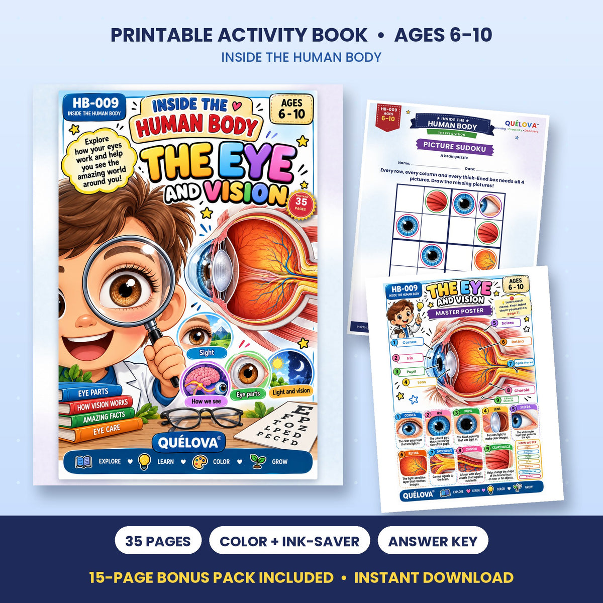 The Eye & Vision printable activity book: cover and sample pages