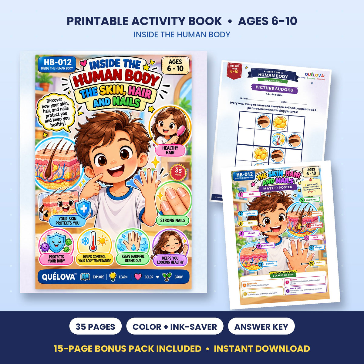 Skin, Hair & Nails printable activity book: cover and sample pages