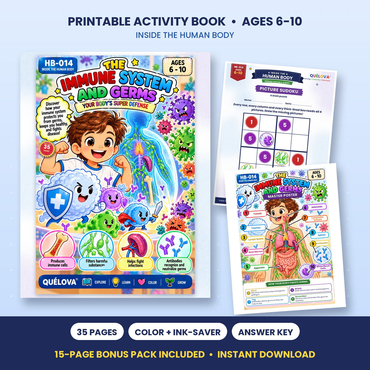 The Immune System & Germs printable activity book: cover and sample pages