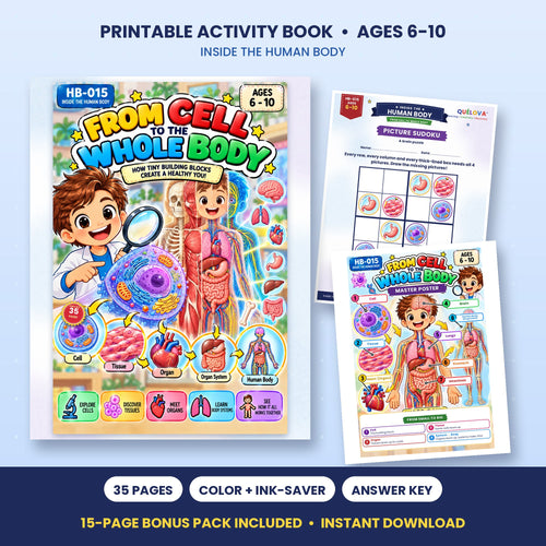 From Cell to the Whole Body printable activity book: cover and sample pages