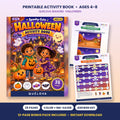 Spooky-Cute Halloween Activity Book printable for kids 4-8: cover and sample pages