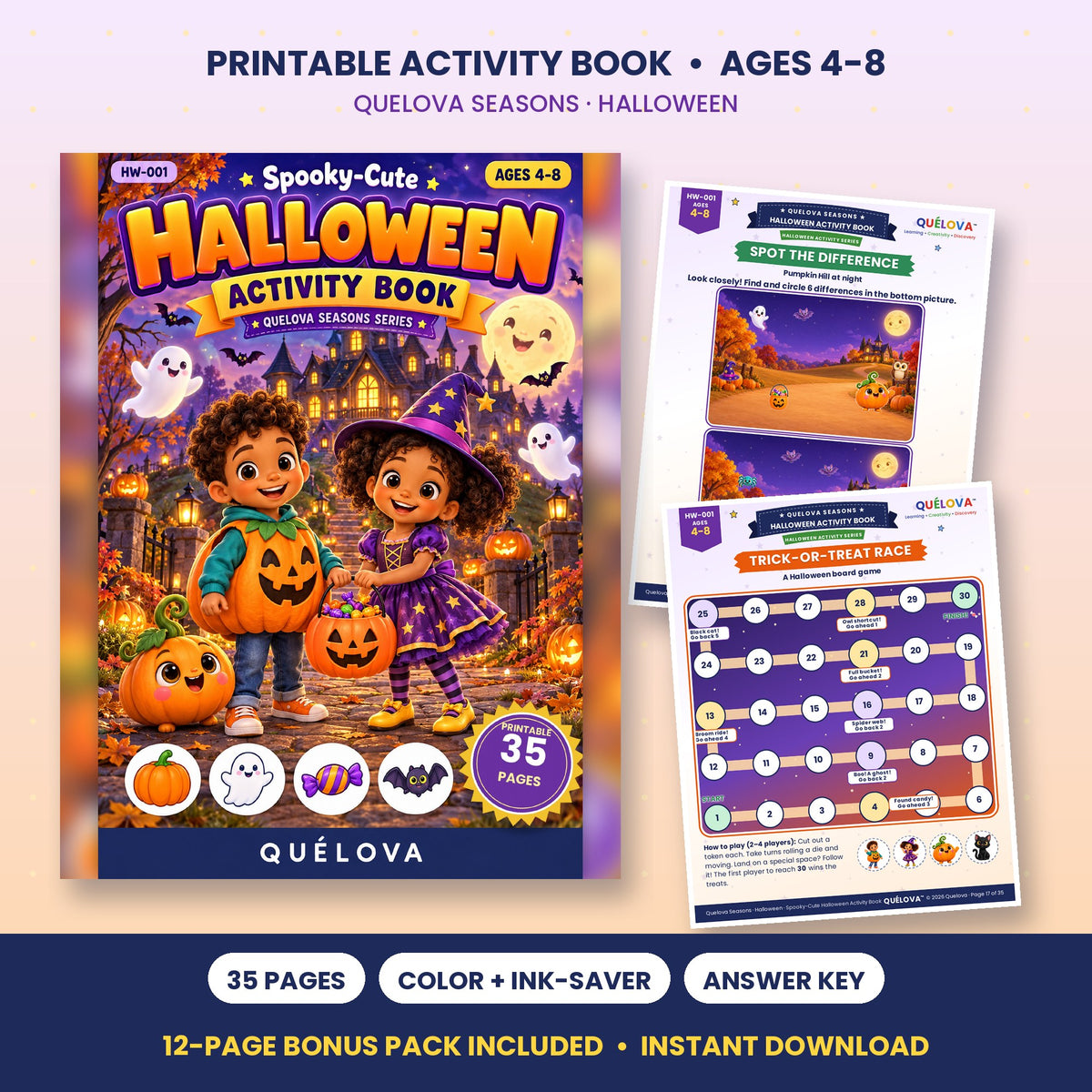 Spooky-Cute Halloween Activity Book printable for kids 4-8: cover and sample pages
