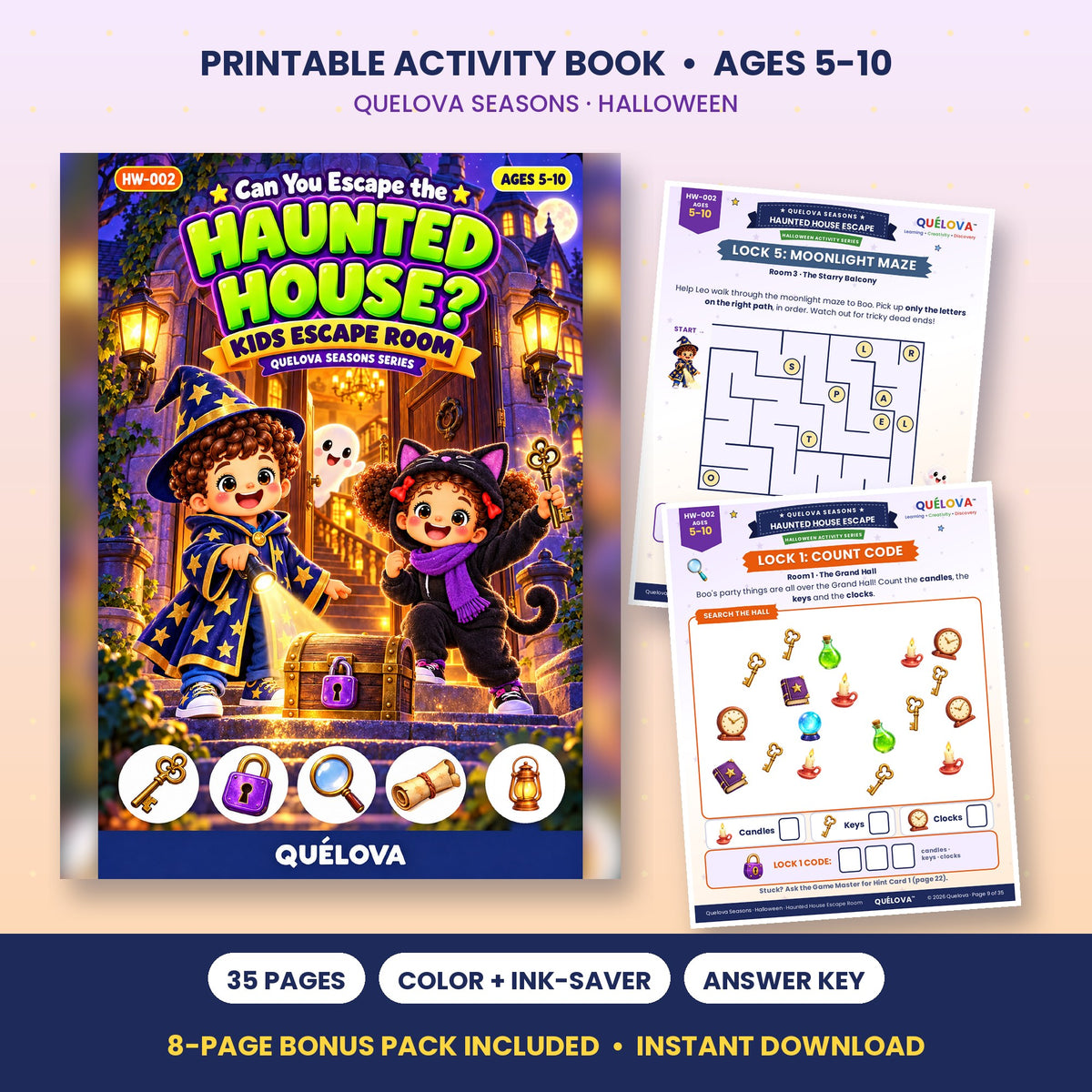 Haunted House Escape Room for kids printable Halloween game: cover and sample pages