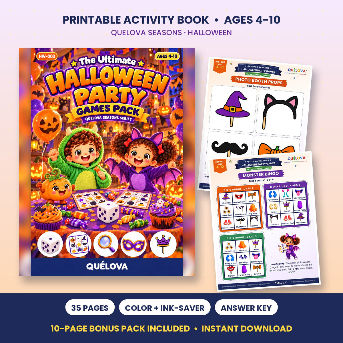 Halloween Party Games Pack printable: bingo, photo props and sample pages