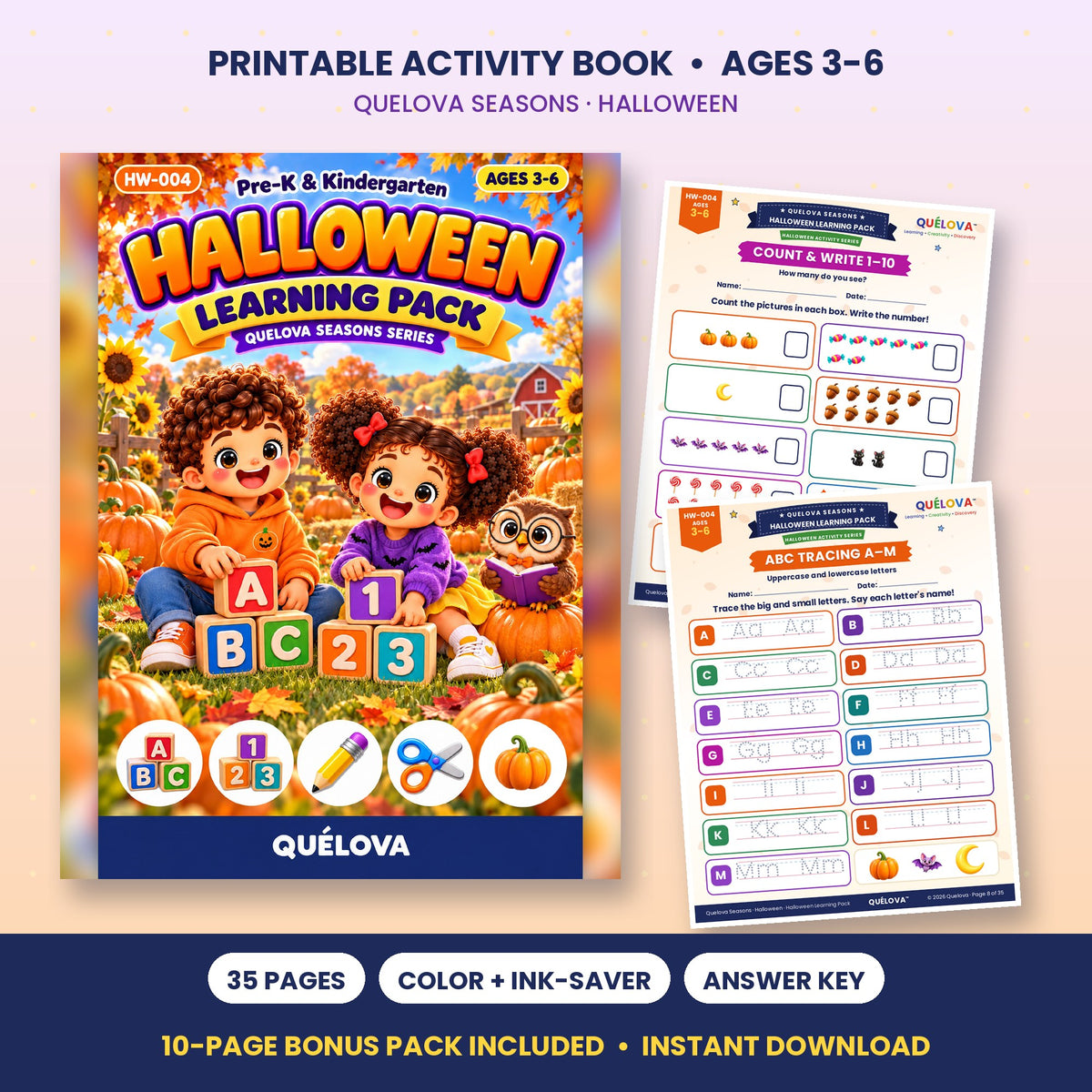 Halloween Learning Pack Pre-K and Kindergarten worksheets: cover and sample pages
