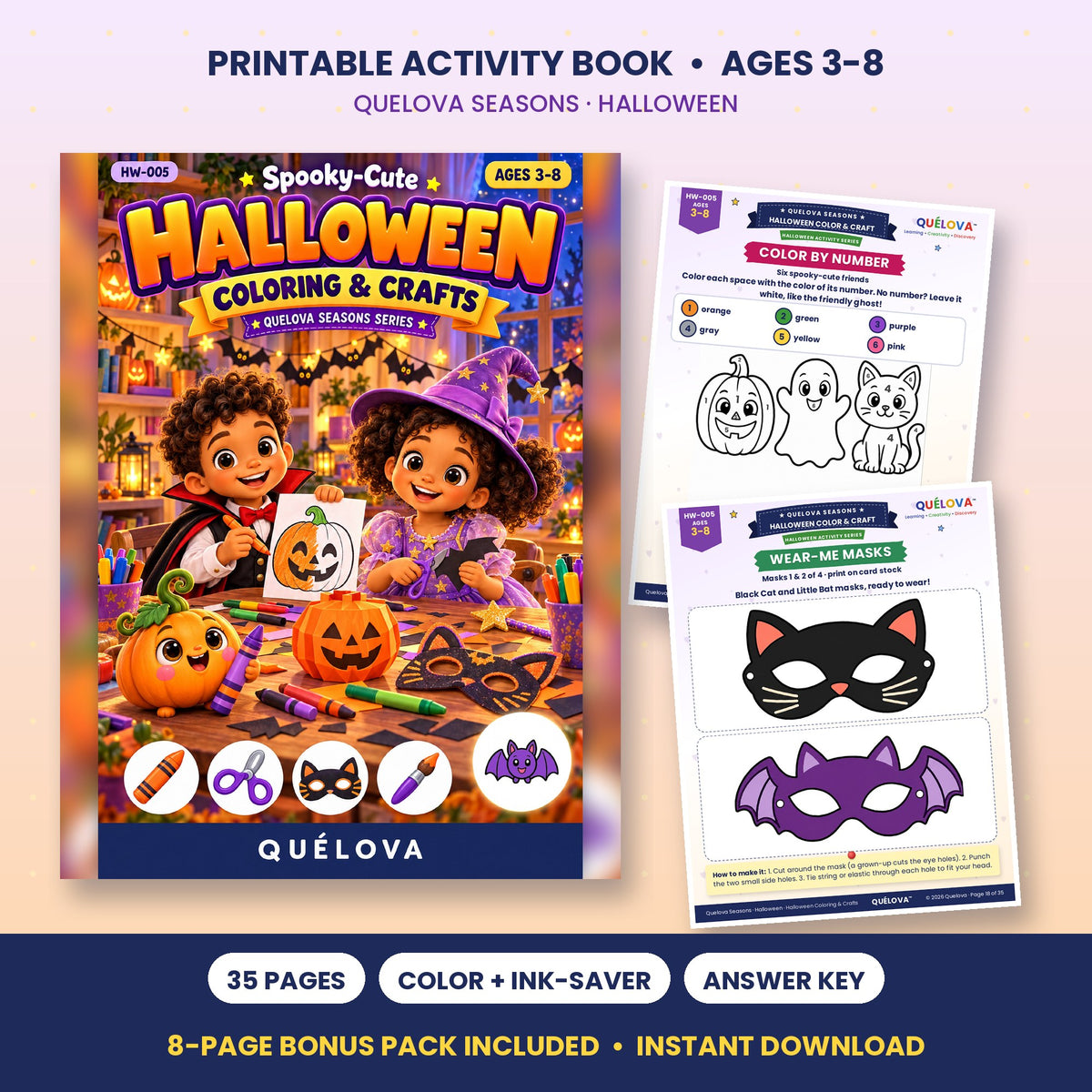 Halloween Coloring and Crafts printable book with masks: cover and sample pages