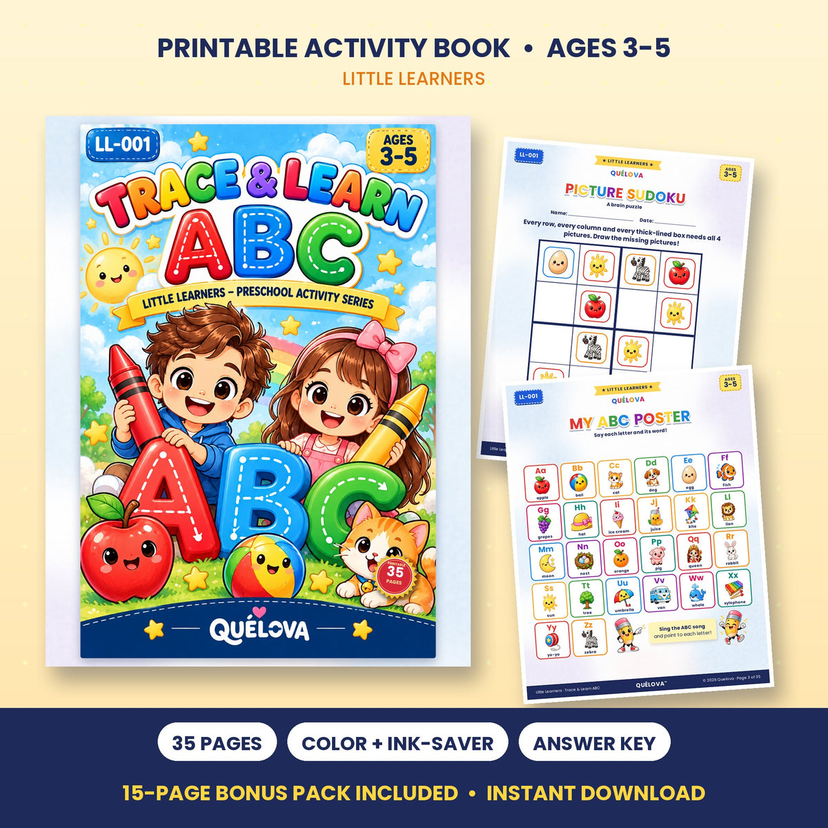 Trace & Learn ABC printable activity book: cover and sample pages
