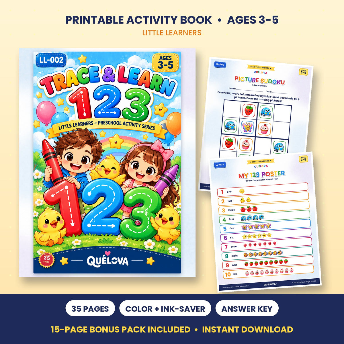 Trace & Learn 123 printable activity book: cover and sample pages