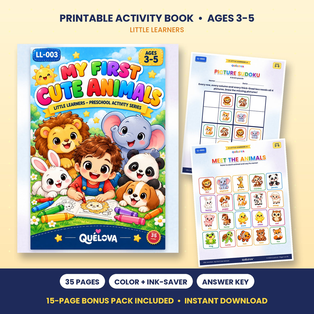 My First Cute Animals printable activity book: cover and sample pages