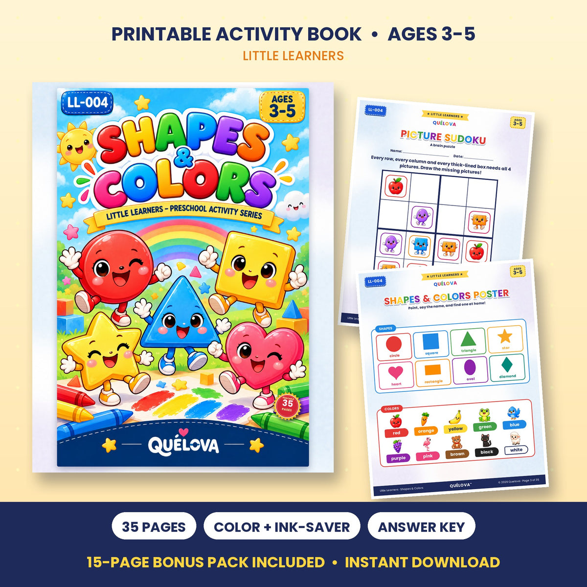 Shapes & Colors printable activity book: cover and sample pages