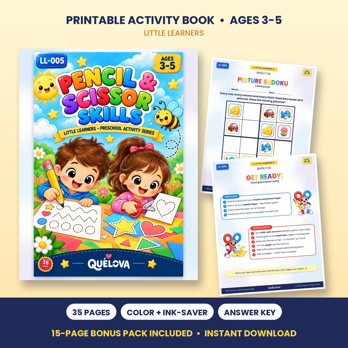 Pencil & Scissor Skills printable activity book: cover and sample pages