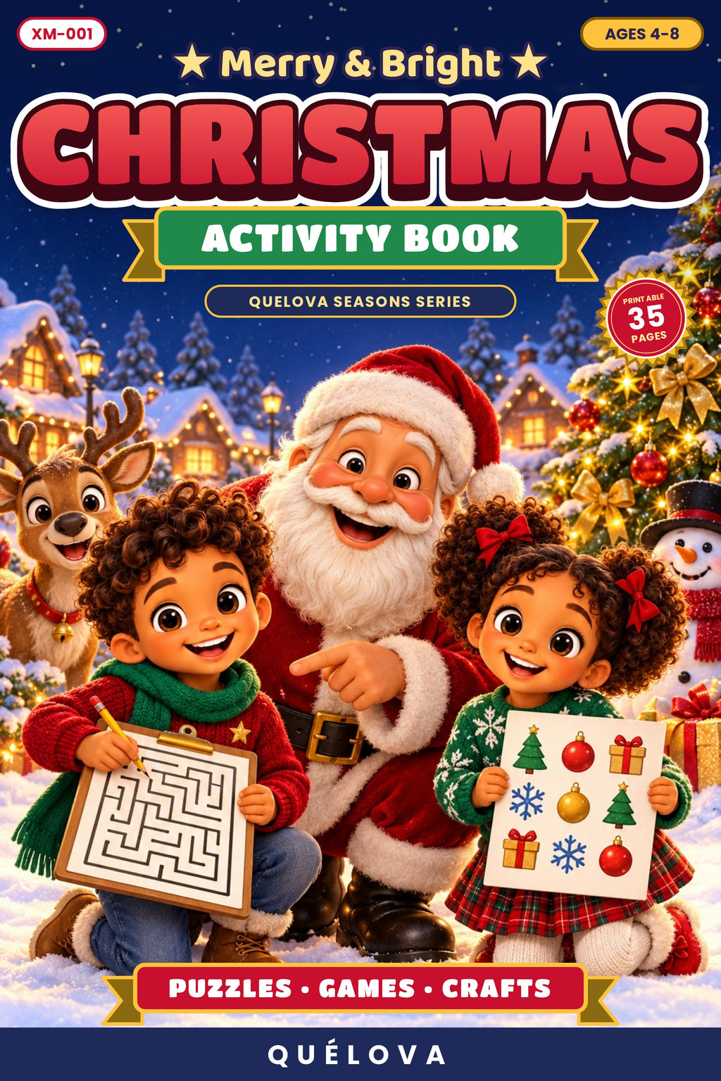 Christmas activity book cover with Leo, Mia and Santa
