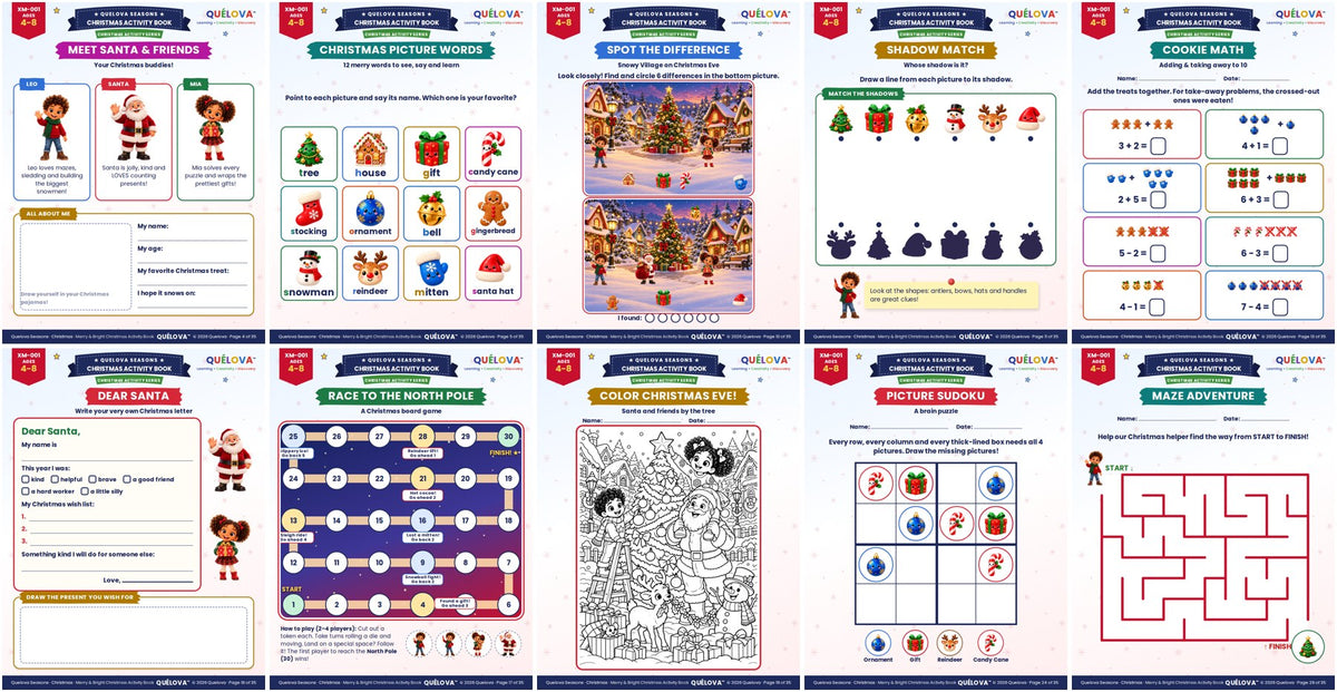 Inside pages: word search, spot the difference, board game, Dear Santa letter