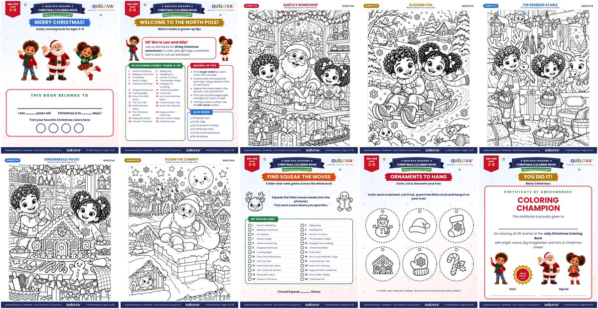 Inside pages of the Christmas coloring book