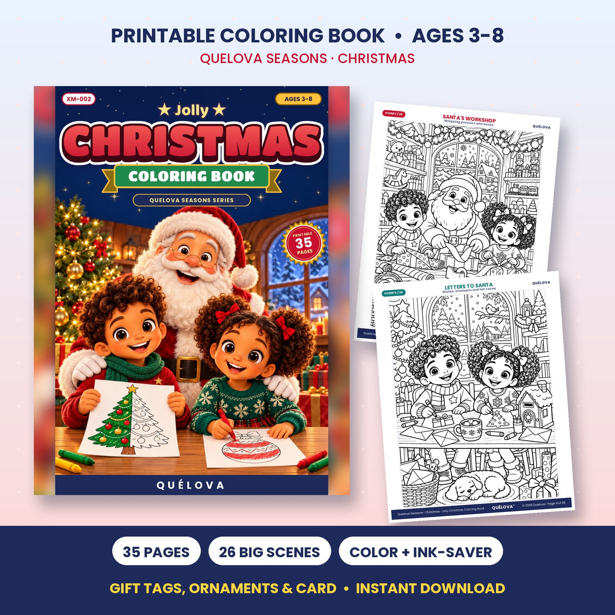 Jolly Christmas Coloring Book printable for kids 3-8, 26 big scenes