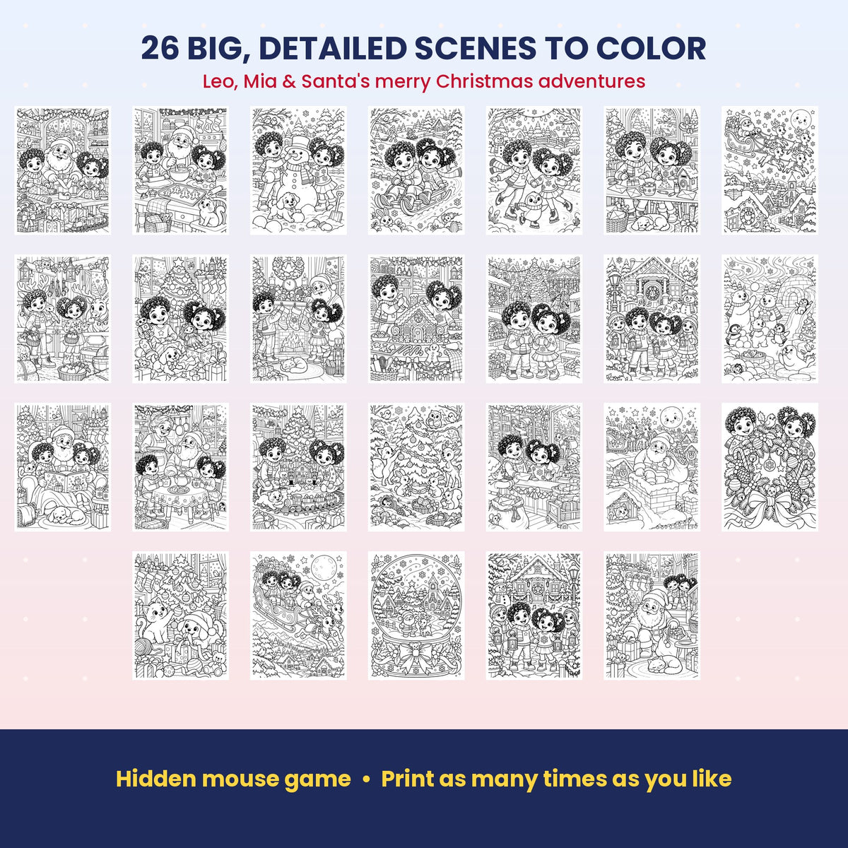 26 detailed Christmas coloring scenes